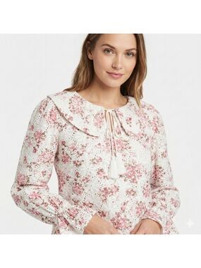 SOLITAIRE Cotton White Eyelet Pink Floral Peter Pan Collar Top Bell Sleeves NWT